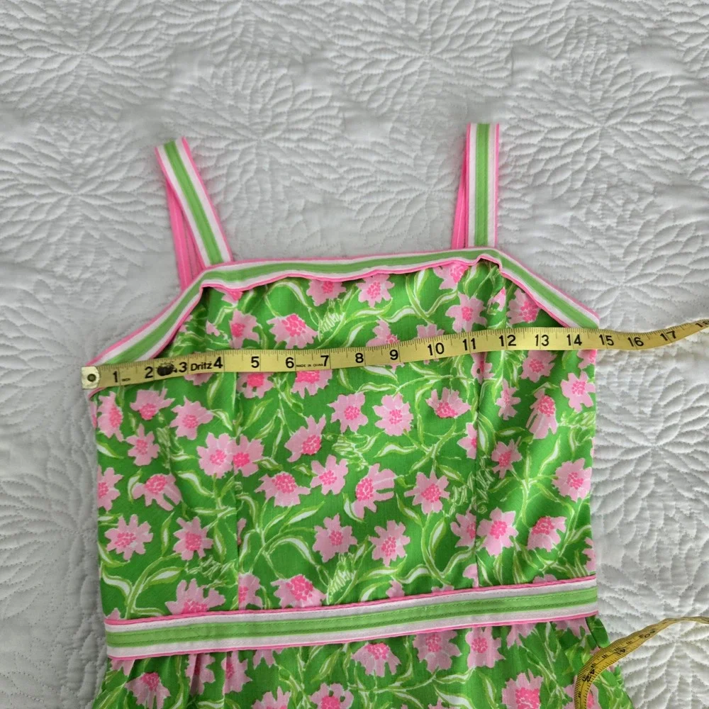 VTG Liza by Lilly Pulitzer Vintage Floral Sundress Green Pink Striped Trim 9/10 - Picture 7 of 8